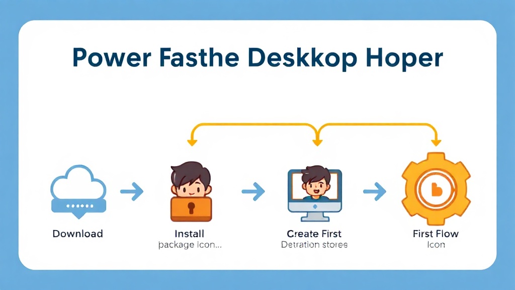 Power Automate Desktop 설치 및 기본 설정 3단계 흐름을 보여주는 SVG 인포그래픽