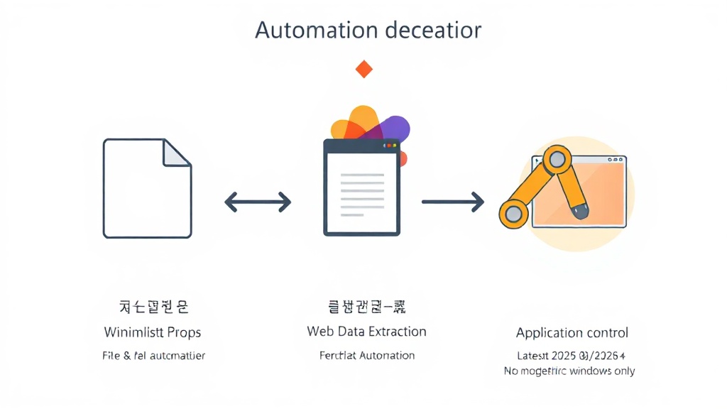 Power Automate Desktop으로 구현 가능한 파일/폴더 자동화, 웹 데이터 추출, 애플리케이션 제어 세 가지 핵심 업무 자동화 유형을 보여주는 SVG 인포그래픽