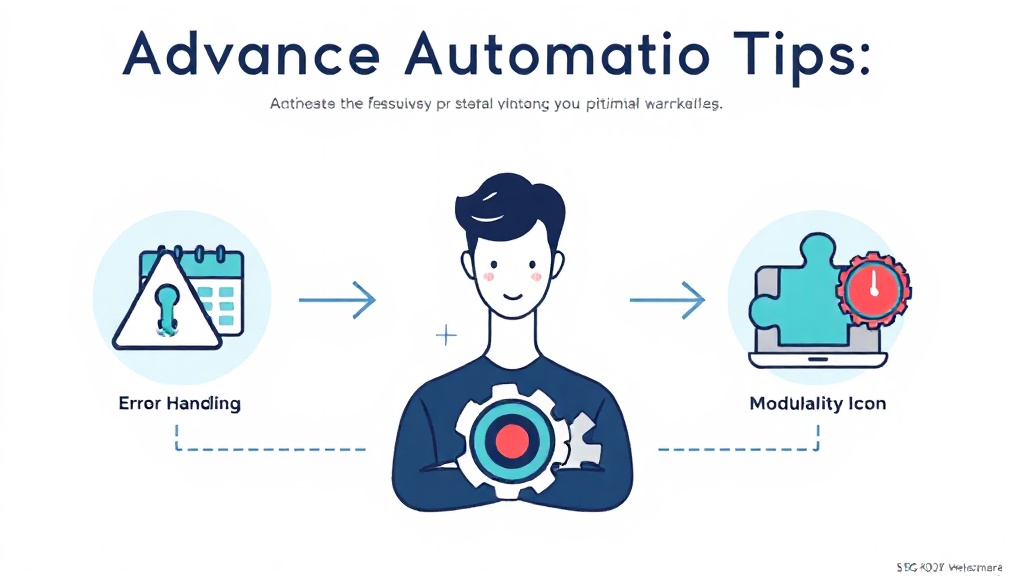 Power Automate Desktop의 오류 처리, 스케줄링, 모듈화 전략을 통해 자동화 효율을 높이는 방법을 보여주는 SVG 인포그래픽