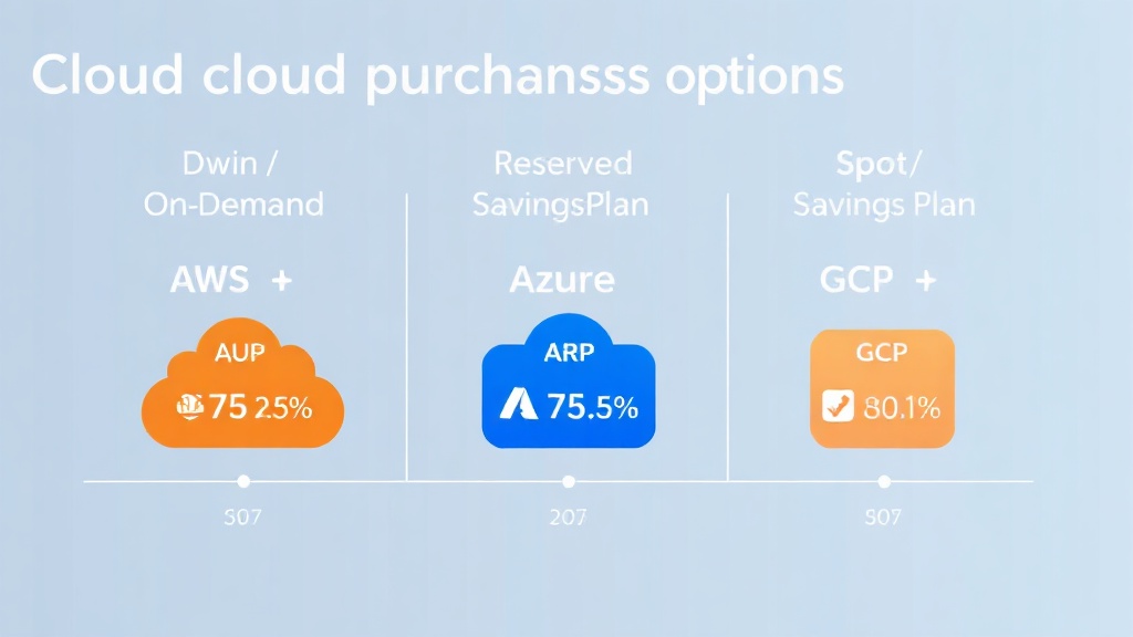 AWS, Azure, GCP의 온디맨드, 예약 인스턴스, 스팟/절약형 플랜 등 클라우드 구매 옵션을 비교하는 인포그래픽