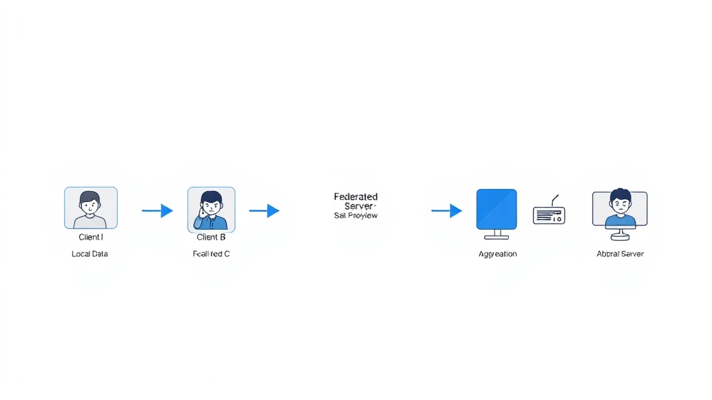 연합 학습(Federated Learning)의 작동 원리를 보여주는 다이어그램. 여러 클라이언트가 로컬 모델을 학습한 후 중앙 서버로 업데이트를 보내고, 서버는 이를 집계하여 글로벌 모델을 업데이트하는 과정이 시각적으로 표현되어 있다.