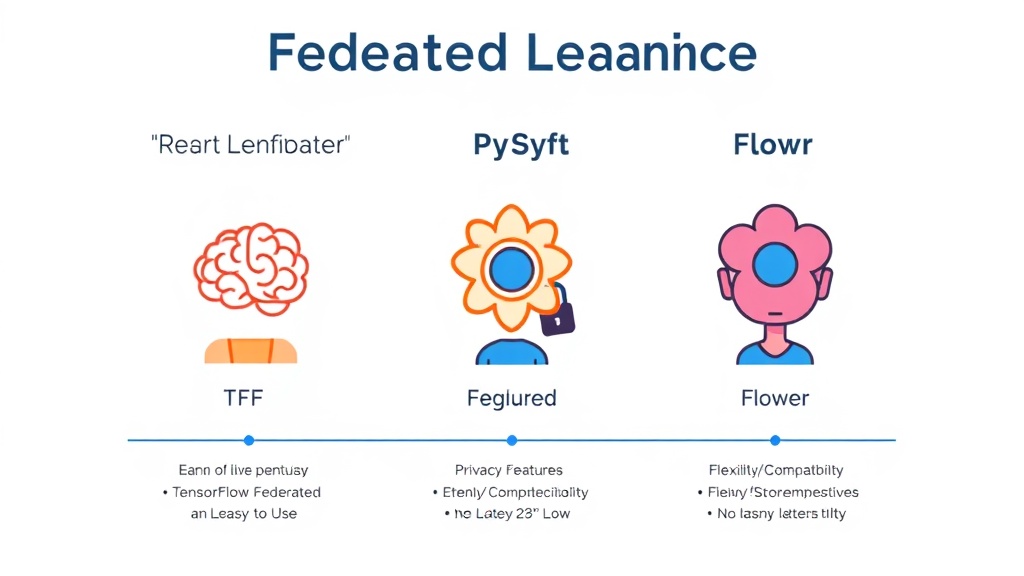주요 연합 학습 프레임워크인 TensorFlow Federated, PySyft, Flower의 특징을 비교하는 인포그래픽. 사용 편의성, 프라이버시 기능, 유연성 및 호환성 측면에서 각 프레임워크의 강점을 보여준다.
