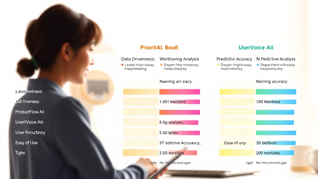 PrioritAI, ProductFlow AI, UserVoice AI 세 가지 AI 툴의 핵심 기능 및 성능 비교 차트