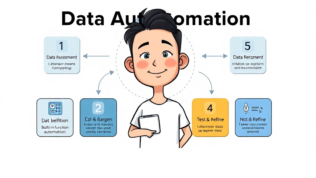 데이터 클리닝 및 검증 자동화의 5단계를 시각적으로 표현한 인포그래픽: Data Assessment, Rule Definition, Built-in Function Automation, AI & Script Automation, Test & Refine