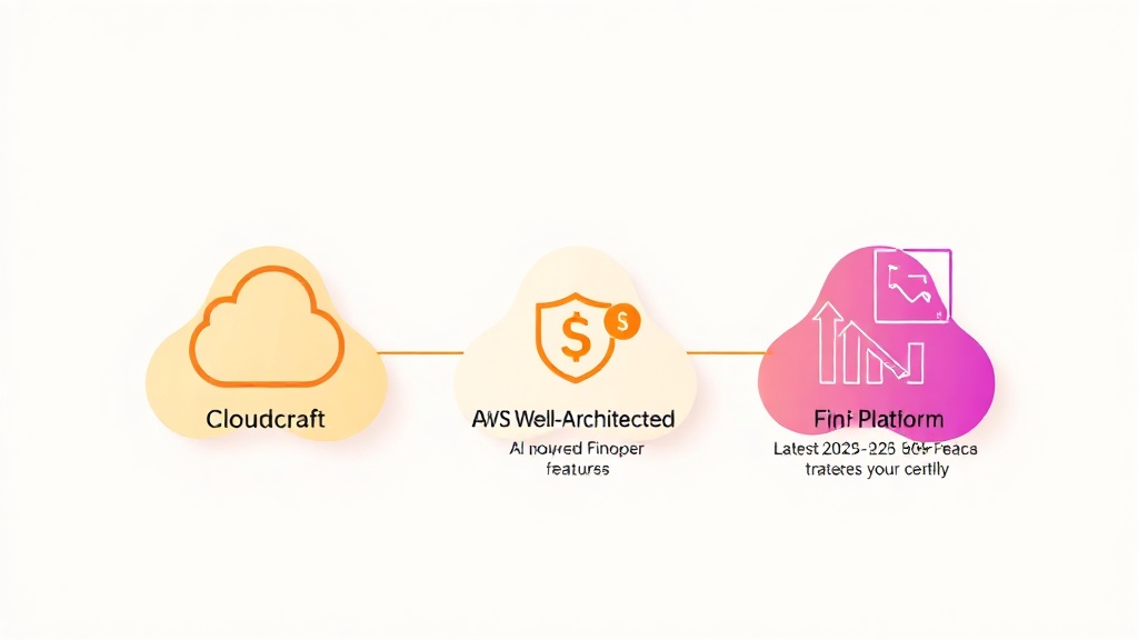 AI 기반 클라우드 아키텍처 설계 툴 3가지(Cloudcraft, AWS Well-Architected Tool, AI 기반 FinOps 플랫폼)를 비교하는 그래픽. 각 툴의 로고와 핵심 기능 아이콘이 표시되어 있다.