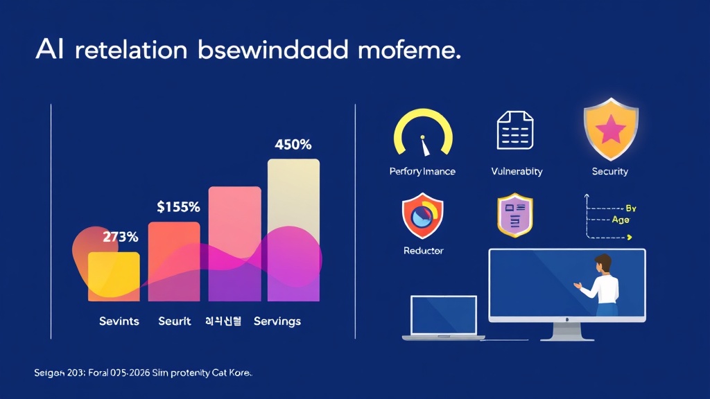 클라우드 운영에서 AI의 영향을 보여주는 데이터 시각화. 비용 절감 20%, 성능 향상 15%, 보안 취약점 감소 30%를 나타내는 막대 차트와 아이콘들이 포함되어 있다.