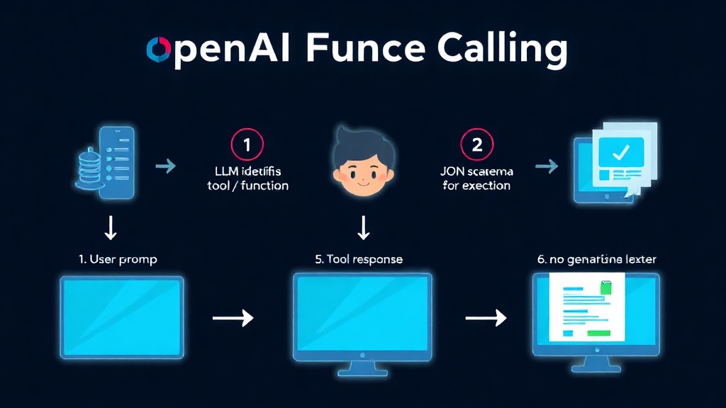 OpenAI Function Calling의 6단계 작동 원리를 보여주는 다이어그램