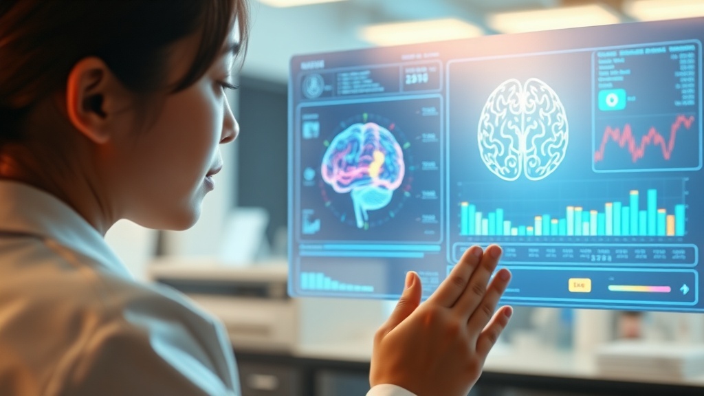 AI 연구원이 투명한 디지털 스크린에 표시된 추상적인 AI 데이터 시각화를 확인하며 합성 데이터의 잠재력을 탐색하는 모습