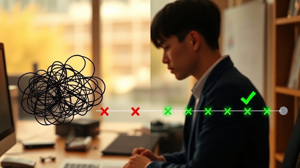 시간 절약과 오류 감소를 시각화한 인포그래픽, 복잡하고 엉킨 시간표와 깨끗하고 직선적인 시간표가 대조를 이룹니다.