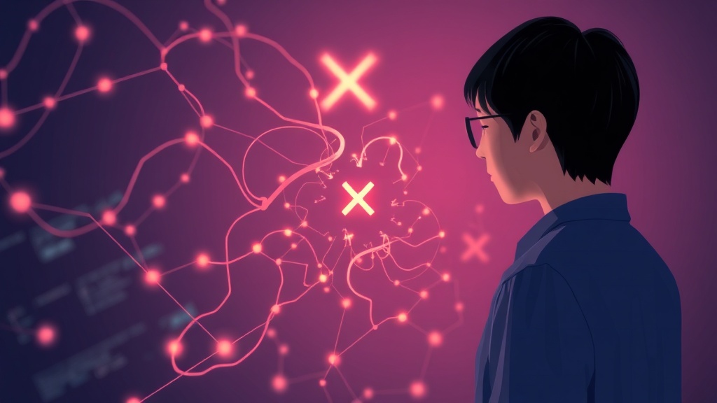 정보 흐름이 단절되거나 얽혀 있는 추상적인 이미지로, 생성형 AI 환각 현상의 원인을 시각화한 사진