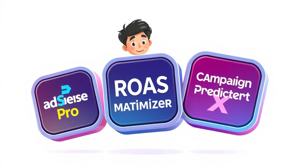 AI 기반 광고 예산 최적화 툴 3가지(AdSense AI Pro, ROAS Maximizer, Campaign Predictor X)를 상징하는 아이콘이 정렬된 비교 이미지