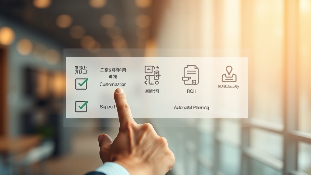 AI 광고 툴 도입 전 고려해야 할 5가지 체크리스트 항목을 보여주는 가상 보드와 손