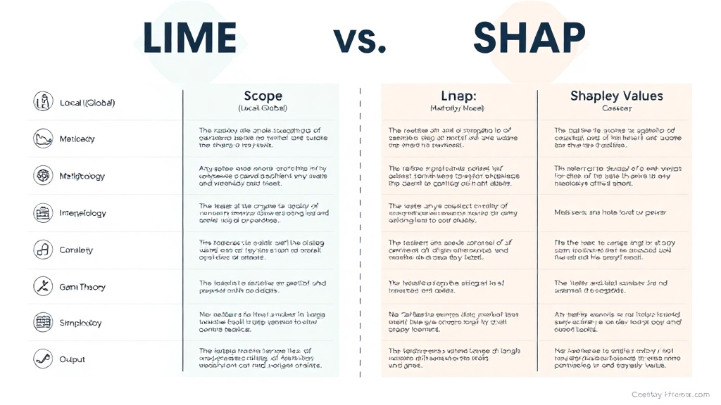 LIME과 SHAP XAI 기법의 주요 특징을 비교하는 인포그래픽, 각 기법의 범위, 방법론, 해석 가능성, 사용 사례를 명확히 제시