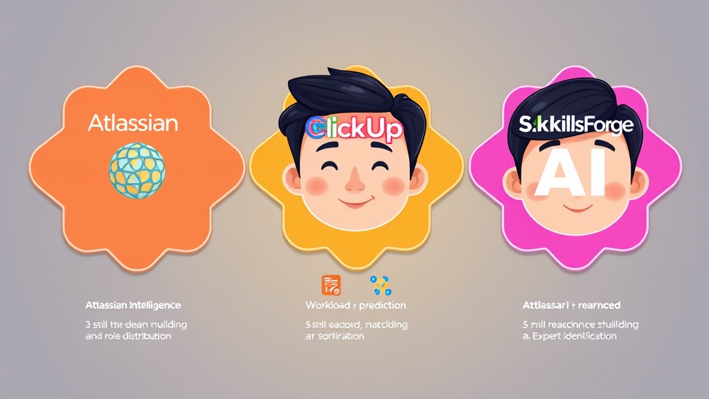 Atlassian Intelligence, ClickUp AI, SkillsForge AI 세 가지 AI 기반 팀 빌딩 툴의 핵심 기능을 비교하는 카드 형식 일러스트