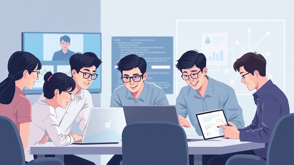 AI 툴의 도움을 받아 원활하게 협업하며 프로젝트에 참여하는 한국인 AI 프로젝트 팀원들의 모습