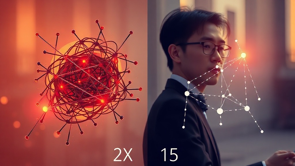 기존 검색의 복잡한 데이터 흐름과 AI 지식 그래프의 체계적이고 연결된 데이터 흐름을 비교하는 추상적인 시각화. 지식 그래프 쪽은 2배 향상된 정확도와 30% 증대된 연결성을 시각적으로 암시한다.