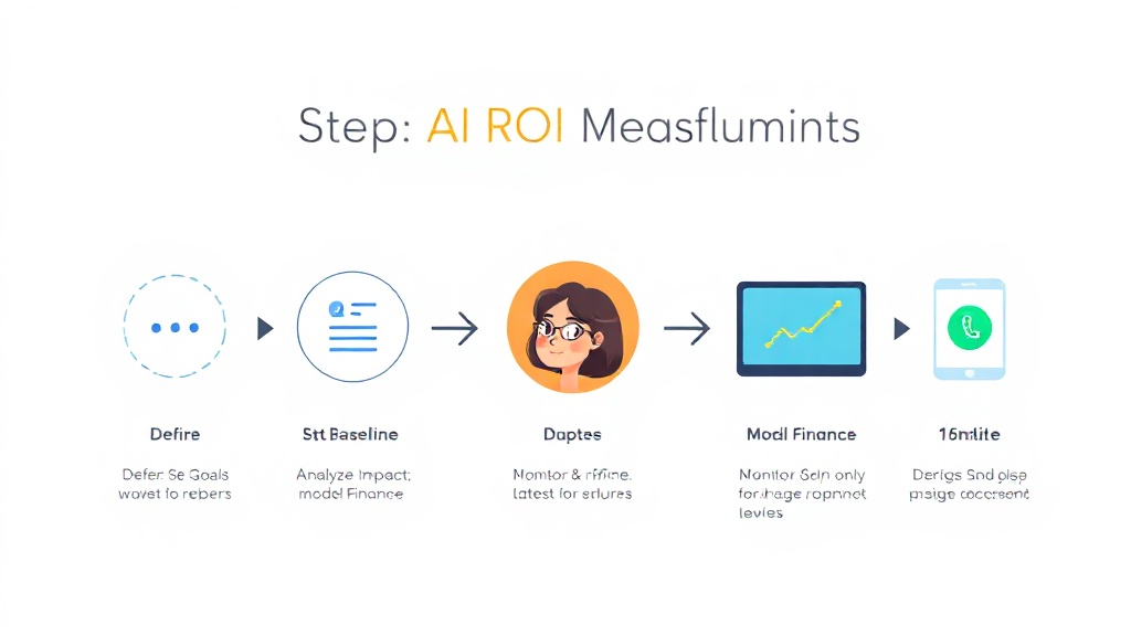 AI 프로젝트 ROI 측정 5단계 워크플로우를 보여주는 깔끔한 SVG 인포그래픽