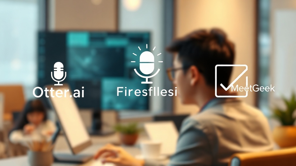 Otter.ai, Fireflies.ai, MeetGeek 등 세 가지 주요 AI 회의록 툴 로고가 핵심 기능을 상징하는 아이콘(마이크, 전구, 체크리스트)과 함께 시각적으로 비교되어 있는 일러스트레이션