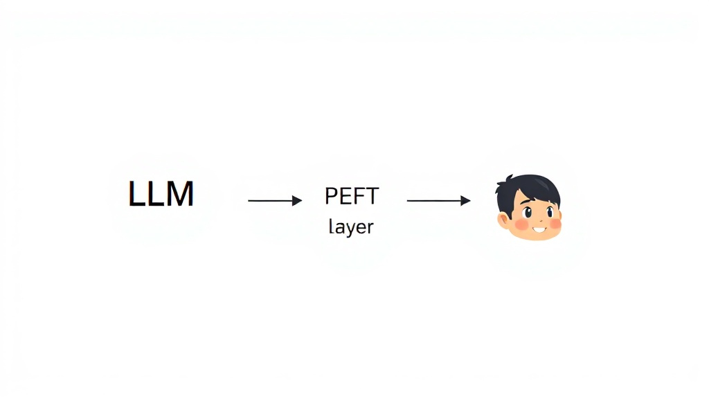 LLM 베이스 모델과 작은 어댑터 레이어가 연결된 다이어그램. PEFT/LoRA 기술로 모델의 효율적인 파인튜닝 과정을 시각적으로 표현.