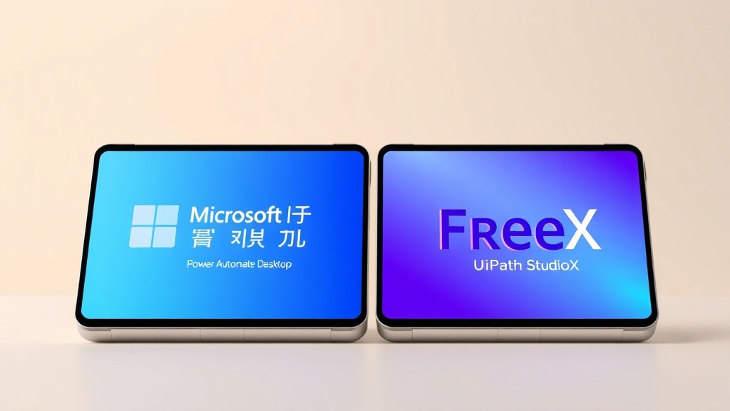 Power Automate Desktop과 UiPath StudioX를 상징하는 두 개의 현대적인 디지털 카드 또는 태블릿이 나란히 놓여 있고, 각 카드에는 'FREE'라는 문구가 강조되어 무료 RPA 툴을 비교하고 있음을 보여준다.