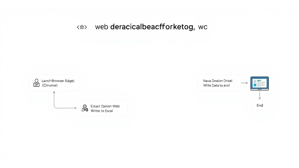 Power Automate Desktop을 활용한 웹 데이터 추출 자동화 과정을 보여주는 SVG 워크플로우 다이어그램: 브라우저 실행, URL 이동, 웹 페이지에서 데이터 추출, 엑셀에 데이터 쓰기 등의 단계가 화살표로 연결되어 있다.