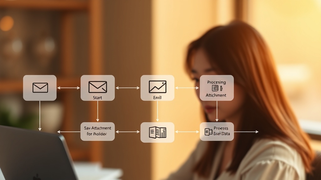 UiPath StudioX를 활용한 이메일 첨부 파일 처리 자동화 과정을 나타내는 SVG 워크플로우 다이어그램: 아웃룩 앱 사용, 메일 반복, 첨부 파일 저장, 엑셀 데이터 처리 등의 단계가 화살표로 연결되어 있다.