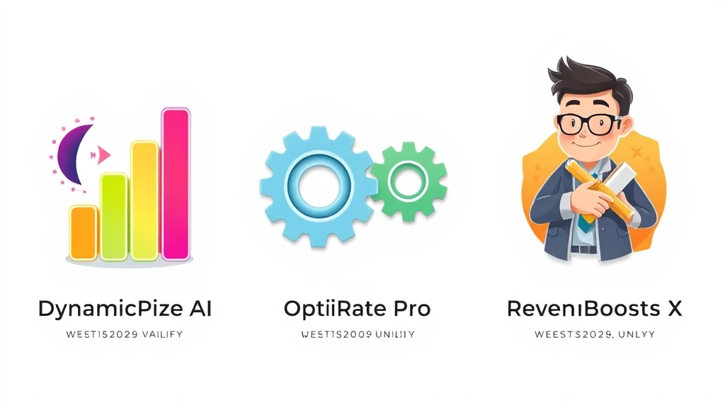 DynamicPrice AI, OptiRate Pro, RevenueBoost X 세 가지 AI 가격 책정 툴을 상징하는 카드 이미지 비교
