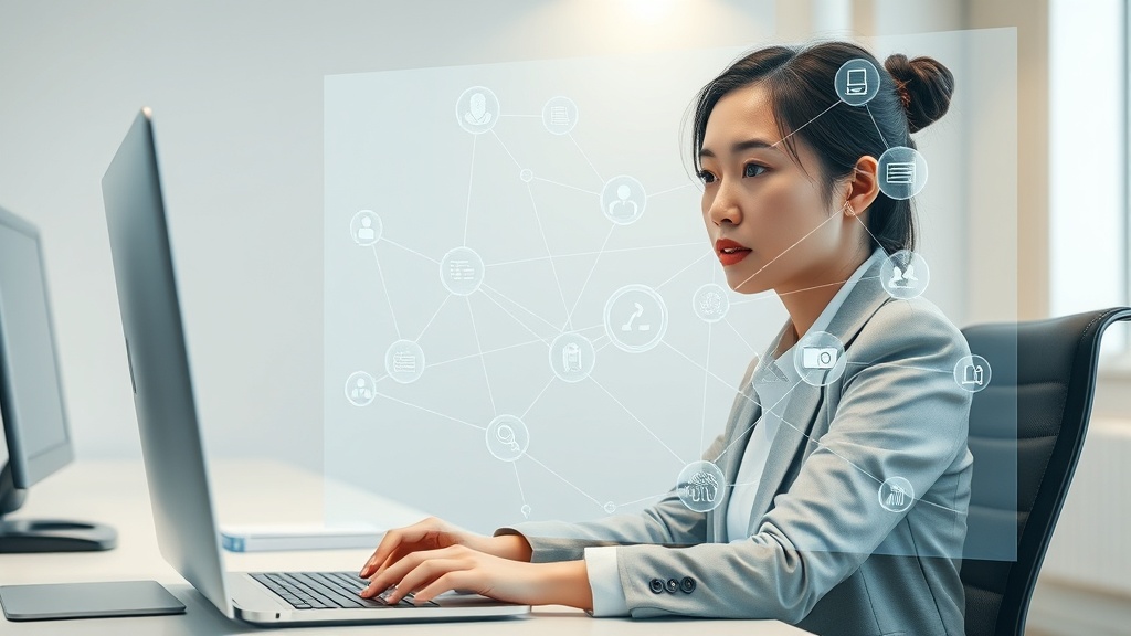 AI 에이전트 오케스트레이션 시스템을 투명 디스플레이로 확인하는 한국인 여성 전문가