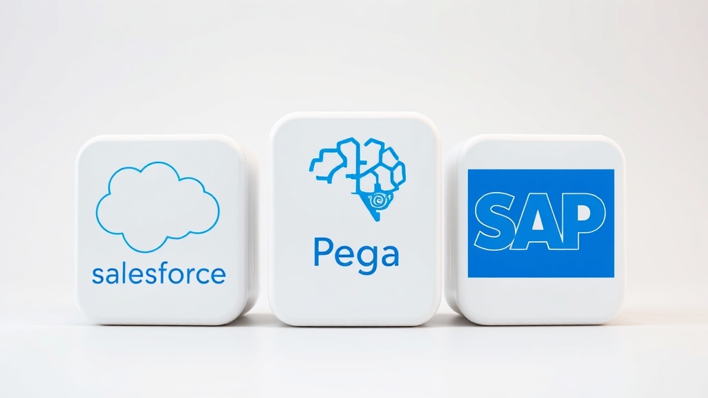 Salesforce, Pega, SAP의 AI Next Best Action 툴을 상징하는 세 가지 비교 카드 이미지