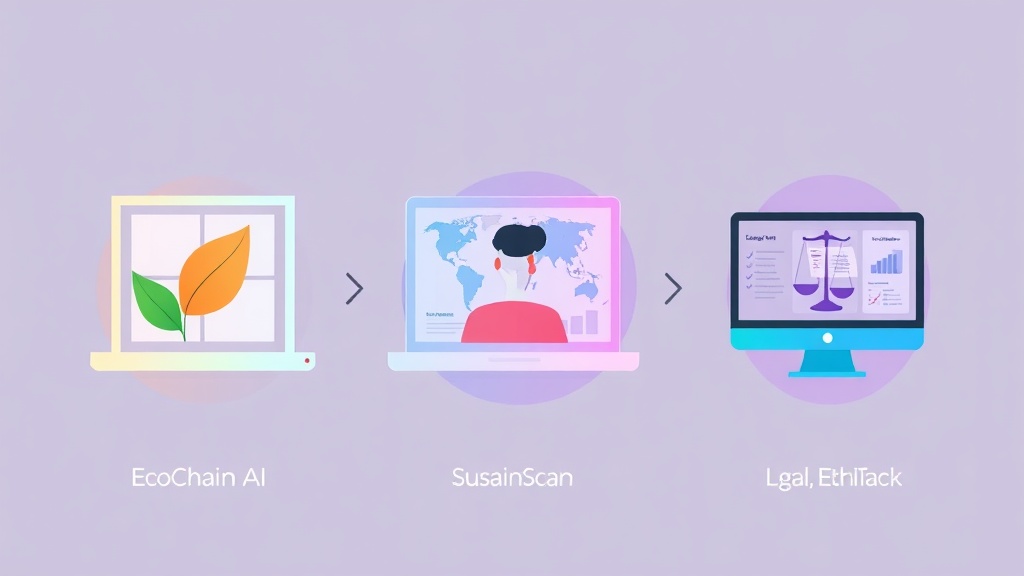 AI 기반 공급망 ESG 리스크 관리 툴 3가지(EcoChain AI, SustainScan, EthiTrack)의 주요 기능을 시각적으로 비교한 일러스트