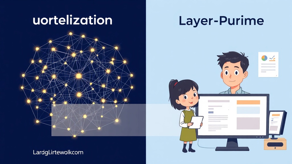 양자화(Quantization)와 계층 가지치기(Layer-Pruning)를 통해 LLM 모델이 경량화되는 과정을 보여주는 기술 일러스트