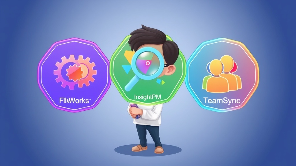 AIWorks FlowMaster, AIWorks InsightPM, AIWorks TeamSync 세 가지 AI 프로젝트 관리 툴 로고 카드 비교 일러스트