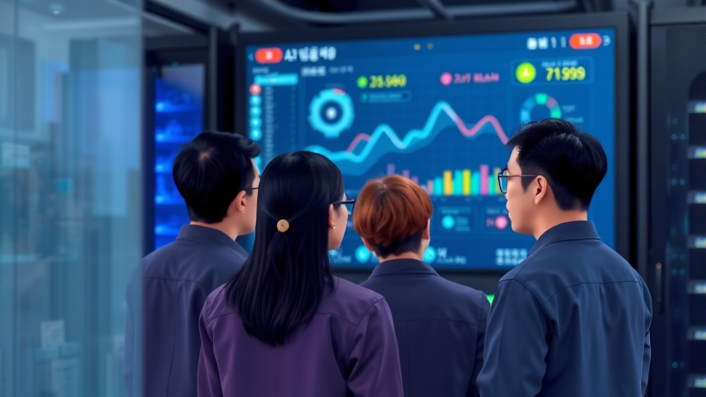 MLOps 엔지니어들이 데이터 센터에서 AI 모델 모니터링 시스템을 검토하는 모습