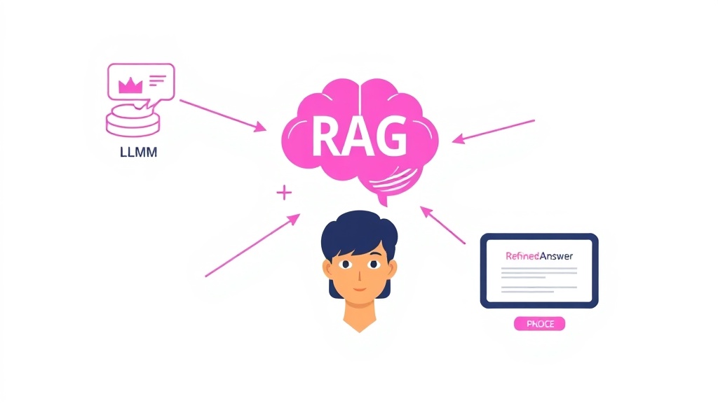 RAG(검색 증강 생성) 시스템이 외부 지식 베이스를 활용하여 답변을 생성하는 과정을 나타내는 개념도