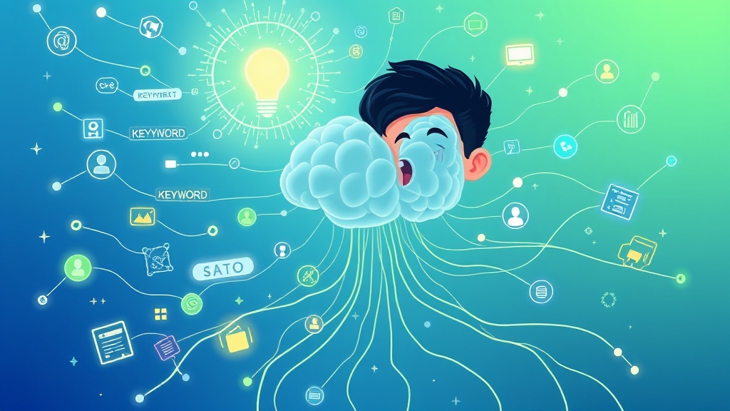 콘텐츠 주제 및 키워드 생성을 상징하는, 아이디어, 키워드, 데이터가 AI 코어로 모이는 추상적인 네트워크 일러스트