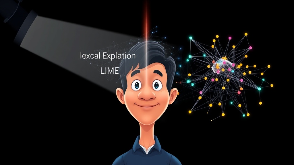 LIME의 지역적 설명과 SHAP의 전역적 특징 중요도를 시각적으로 비교한 콘셉트 아트