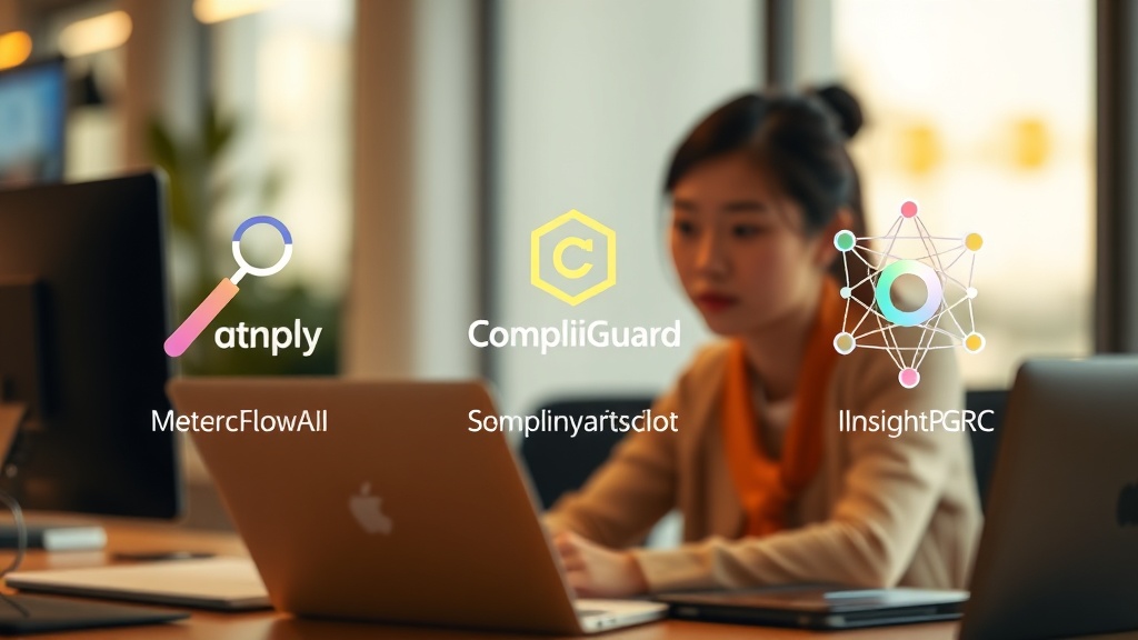 MetricFlow AuditAI, CompliGuard Pro, InsightPath GRC 세 가지 AI 감사 및 컴플라이언스 툴을 상징하는 스타일리시한 카드 디자인
