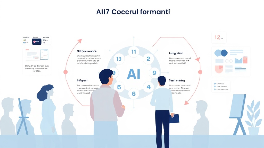 AI 솔루션 도입 성공을 위한 데이터 거버넌스, 시스템 통합, 팀 교육 등 단계별 워크플로우를 보여주는 개념 일러스트