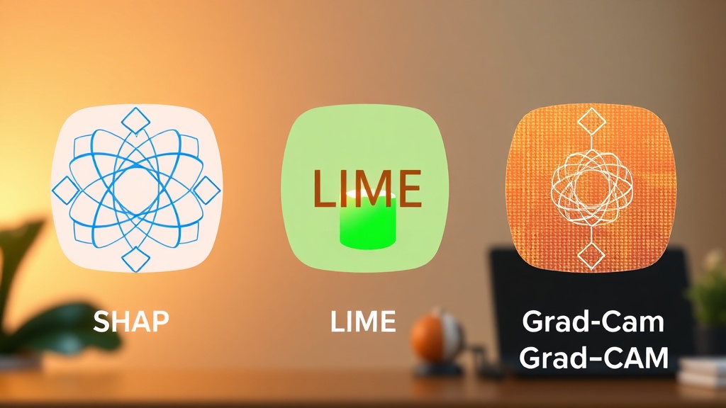 SHAP, LIME, Grad-CAM을 각각 나타내는 세 가지 추상적인 아이콘 또는 스타일리시한 카드들이 비교를 위해 나란히 배치되어 있습니다. 각 아이콘은 고유한 색상과 패턴을 가지고 있습니다.