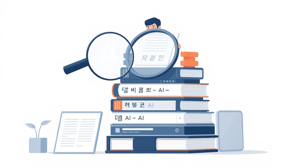 AI 편향 감지를 상징하는 돋보기와 문서 스택
