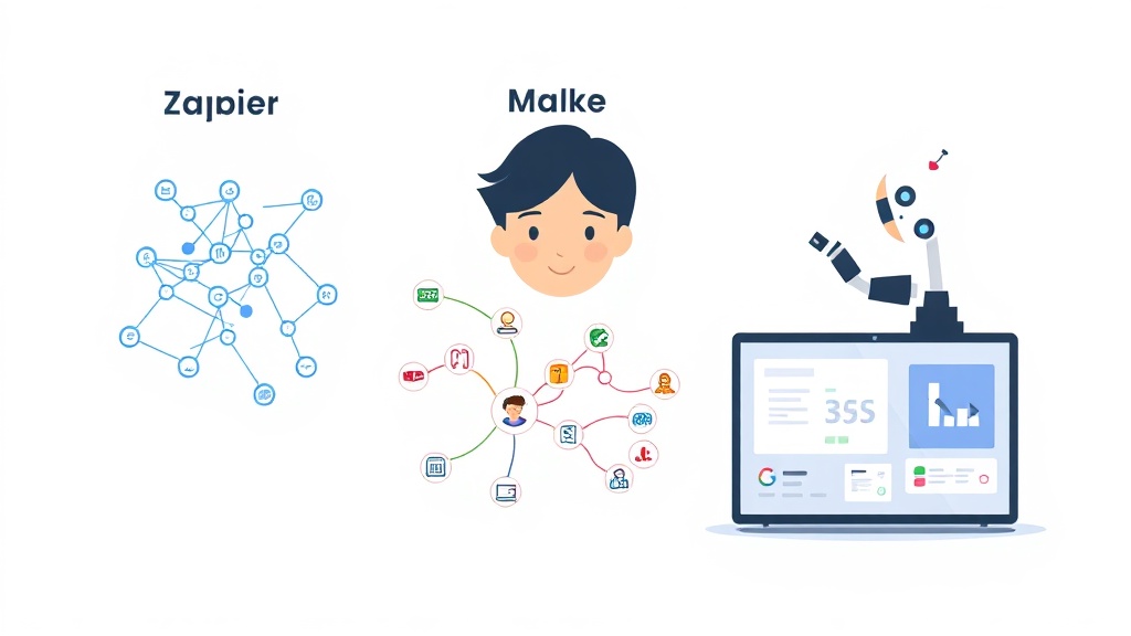 Zapier, Make, Microsoft Power Automate 세 가지 주요 LCNC 자동화 도구의 특징을 상징적으로 비교하는 일러스트
