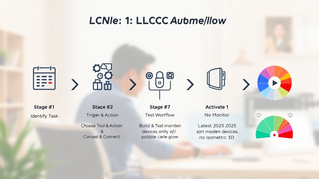 LCNC 업무 자동화를 시작하는 5단계 가이드를 시각적으로 표현한 워크플로우 다이어그램