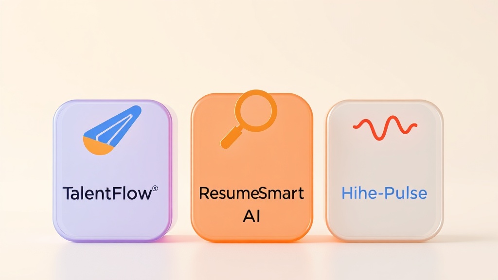 TalentFlow AI, ResumeSmart AI, HirePulse AI 세 가지 AI 채용 툴을 상징하는 추상적인 카드 비교 일러스트