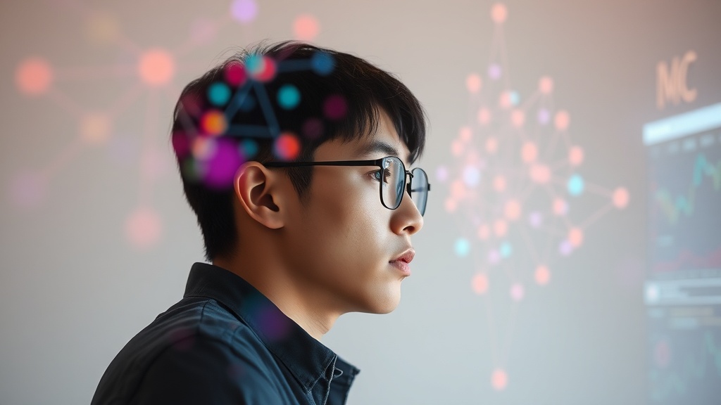 AI 프롬프트 엔지니어링의 핵심 개념을 시각화한 홀로그램 인터페이스를 바라보는 한국인 남성.