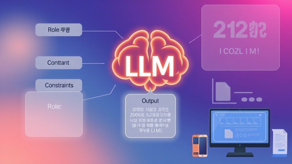 LLM으로 정보가 흐르는 추상적인 시각화. 역할, 맥락, 제약 조건 등 입력 요소가 명확히 표현됨.