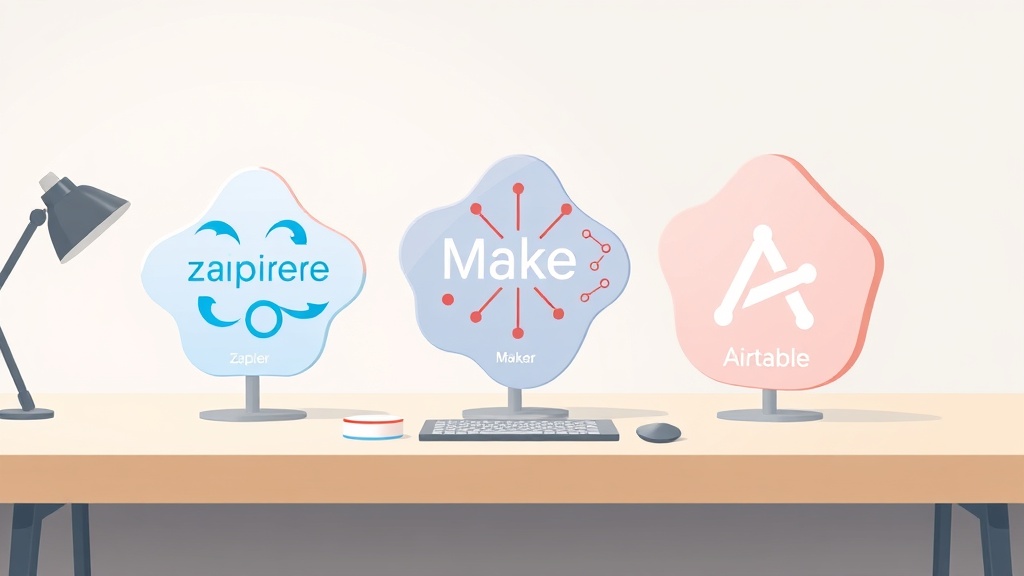 Zapier, Make, Airtable 로고가 있는 세 개의 카드 형태 아이콘이 나란히 놓여 비교되는 노코드 툴 시각화