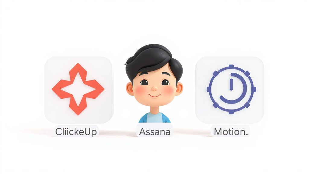 ClickUp, Asana, Motion AI 툴을 상징하는 추상적인 카드 이미지