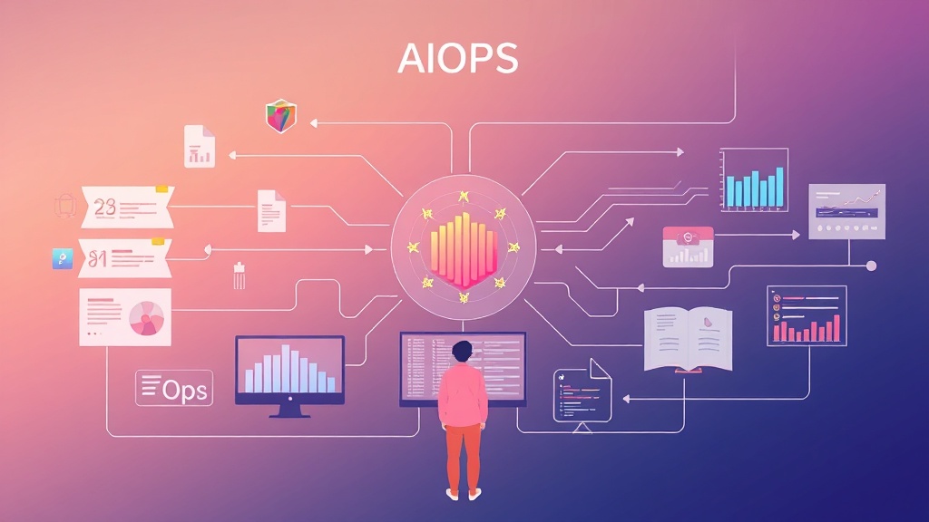 AIOps 데이터 흐름 및 AI 분석 개념을 시각화한 추상적 일러스트