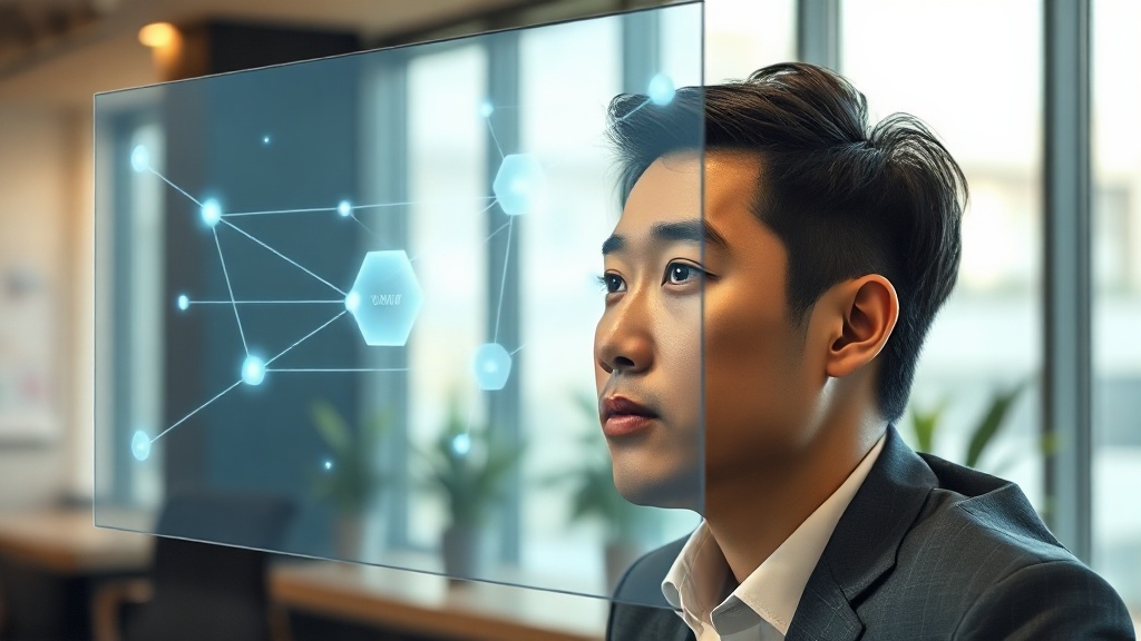 XAI(설명 가능한 인공지능)의 투명한 의사결정 과정을 시각적으로 이해하는 한국인 비즈니스 전문가의 모습