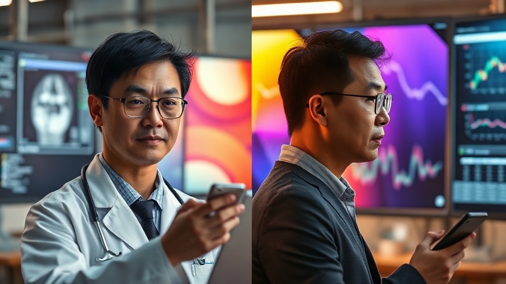 의료 분야와 금융 분야에서 XAI가 적용되어 의사결정을 돕는 모습을 담은 두 개의 장면